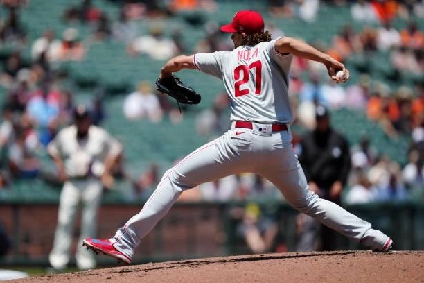 Aaron Nola of the Philadelphia Phillies pitches during the game between the Philadelphia Phillies and the San Francisco Giants at Oracle Park on...