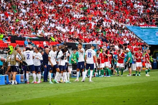 Players of both teams take a water break during the UEFA European Championship football match between Hungary and France at Ferenc Puskas on June 19,...