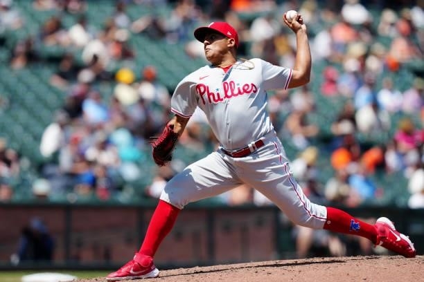 Ranger Suárez of the Philadelphia Phillies pitches during the game between the Philadelphia Phillies and the San Francisco Giants at Oracle Park on...