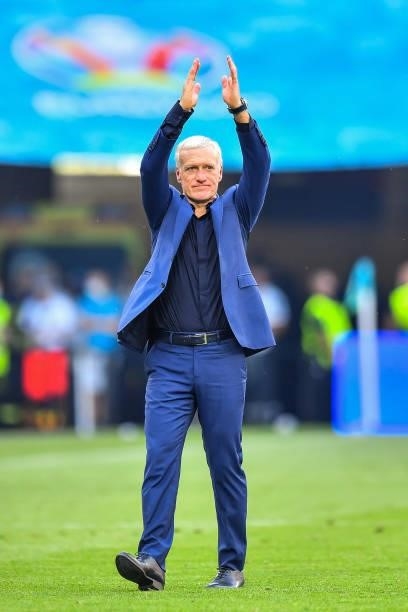 Didier DESCHAMPS head coach of France salutes the fans after the UEFA European Championship football match between Hungary and France at Ferenc...