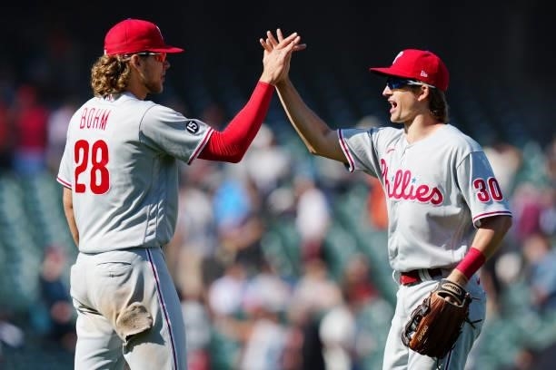 Alec Bohm and Luke Williams of the Philadelphia Phillies celebrate after the Phillies defeated the San Francisco Giants at Oracle Park on Saturday,...