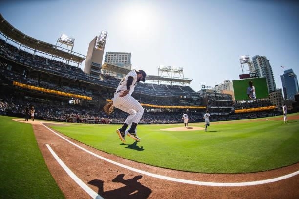 Fernando Tatis Jr of the San Diego Padres takes the field in the first inning against the Cincinnati Reds on June 19, 2021 at Petco Park in San...