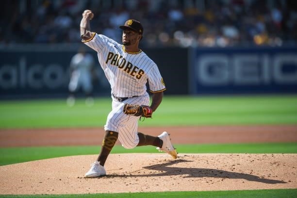 Miguel Diaz of the San Diego Padres pitches in the first inning against the Cincinnati Reds on June 19, 2021 at Petco Park in San Diego, California.