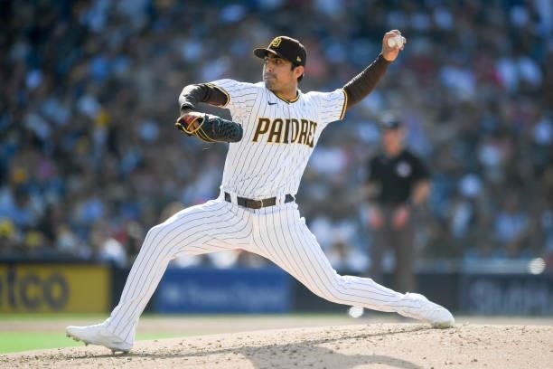 Daniel Camerena of the San Diego Padres pitches during the first inning of a baseball game against the Cincinnati Reds at Petco Park on June 19, 2021...