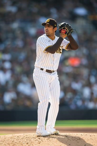 Daniel Camarena of the San Diego Padres pitches in the third inning against the Cincinnati Reds on June 19, 2021 at Petco Park in San Diego,...