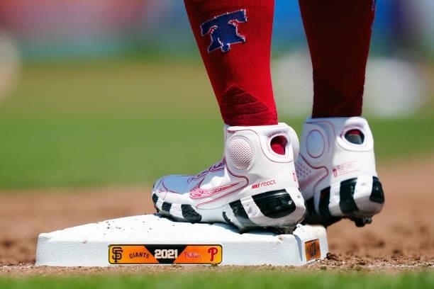 Detail view of Andrew McCutchen of the Philadelphia Phillies cleats before the game between the Philadelphia Phillies and the San Francisco Giants at...