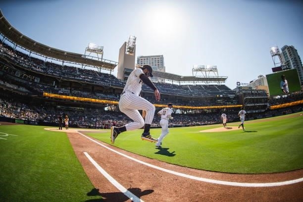 Fernando Tatis Jr of the San Diego Padres takes the field in the first inning against the Cincinnati Reds on June 19, 2021 at Petco Park in San...