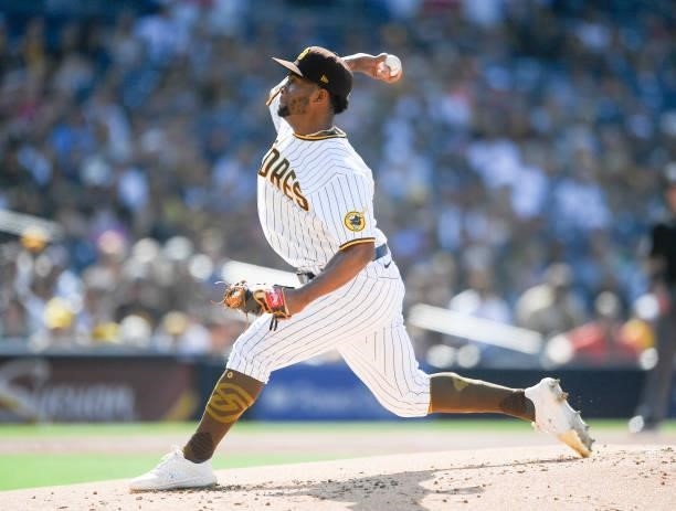 Miguel Diaz of the San Diego Padres pitches during the first inning of a baseball game against the Cincinnati Reds at Petco Park on June 19, 2021 in...