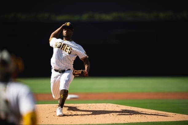 Miguel Diaz of the San Diego Padres pitches in the first inning against the Cincinnati Reds on June 19, 2021 at Petco Park in San Diego, California.