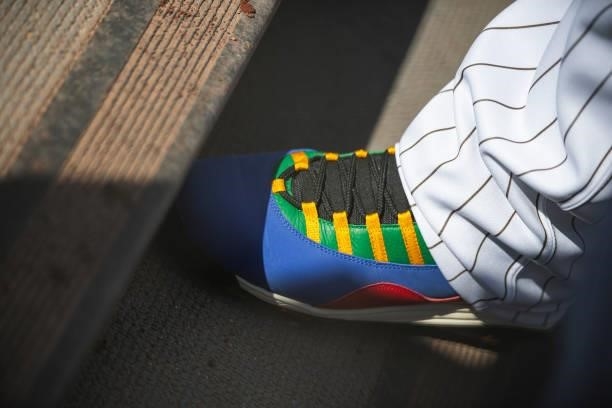 The customized cleats of Manny Machado of the San Diego Padres in the first inning against the Cincinnati Reds on June 19, 2021 at Petco Park in San...