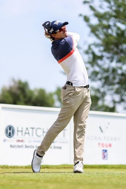 Nicolas Echavarria of Colombia plays his shot from the 14th tee during the third round of the Wichita Open Benefitting KU Wichita Pediatrics at...