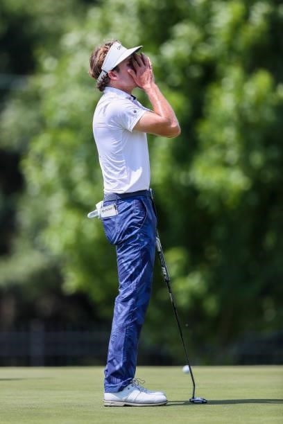 James Nicholas reacts after missing a putt on the 16th green during the third round of the Wichita Open Benefitting KU Wichita Pediatrics at...