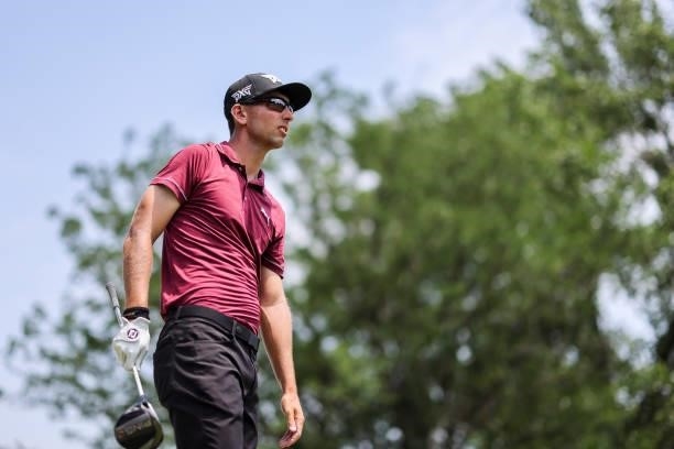 Seth Reeves looks on from the 14th tee during the third round of the Wichita Open Benefitting KU Wichita Pediatrics at Crestview Country Club on June...