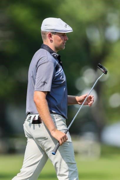Harry Hall of England looks on from the 18th hole during the third round of the Wichita Open Benefitting KU Wichita Pediatrics at Crestview Country...