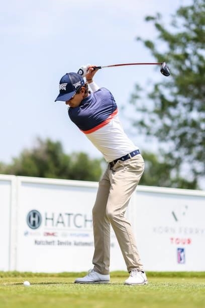 Nicolas Echavarria of Colombia plays his shot from the 14th tee during the third round of the Wichita Open Benefitting KU Wichita Pediatrics at...