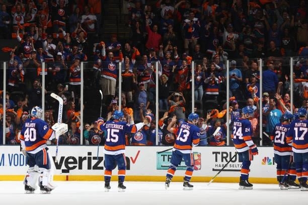Semyon Varlamov and the New York Islanders celebrate after a 3-2 win against the Tampa Bay Lightning in Game Four of the Stanley Cup Semifinals of...