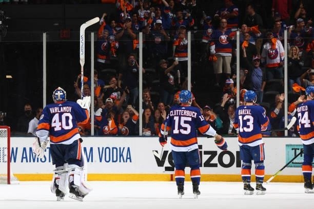 Semyon Varlamov and the New York Islanders celebrate after a 3-2 win against the Tampa Bay Lightning in Game Four of the Stanley Cup Semifinals of...