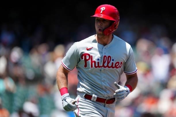 Rhys Hoskins of the Philadelphia Phillies reacts after hitting a home run during the game between the Philadelphia Phillies and the San Francisco...