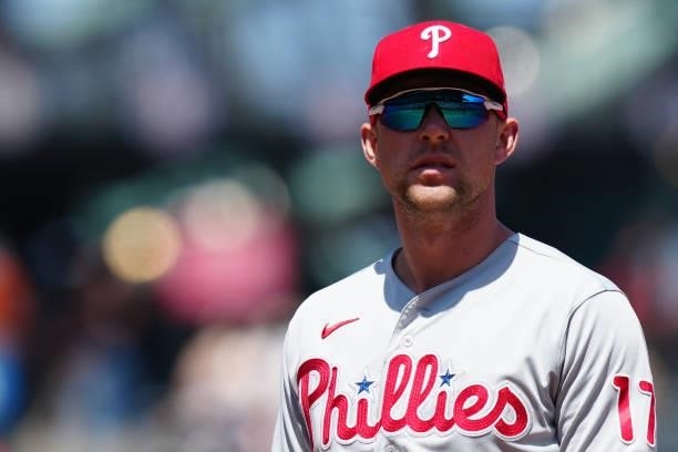 Rhys Hoskins of the Philadelphia Phillies looks on during the game between the Philadelphia Phillies and the San Francisco Giants at Oracle Park on...