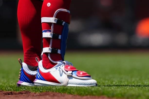 Detailed view of the cleats worn by Bryce Harper of the Philadelphia Phillies during the game between the Philadelphia Phillies and the San Francisco...