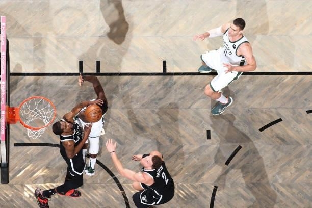 Kevin Durant of the Brooklyn Nets fights for the rebound during the game against the Milwaukee Bucks during Round 2, Game 7 of the 2021 NBA Playoffs...