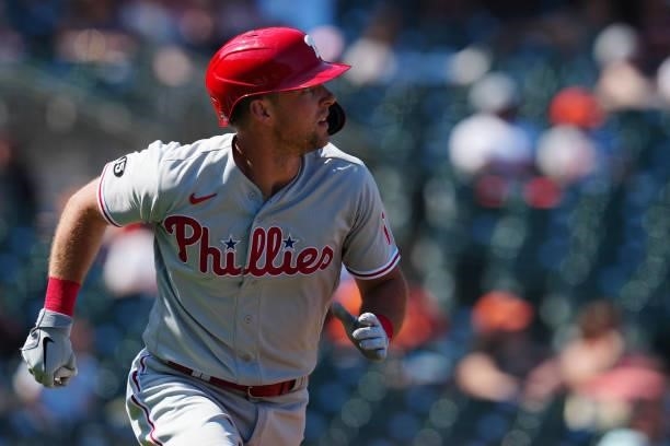 Rhys Hoskins of the Philadelphia Phillies rounds the bases after a home run during the game between the Philadelphia Phillies and the San Francisco...