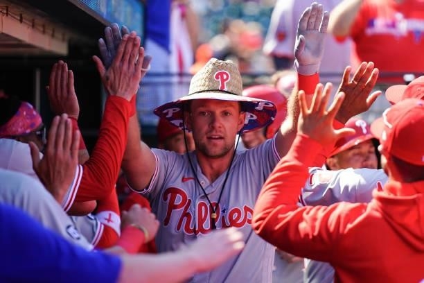 Rhys Hoskins of the Philadelphia Phillies celebrates with the home run hat after hitting a home run during the game between the Philadelphia Phillies...