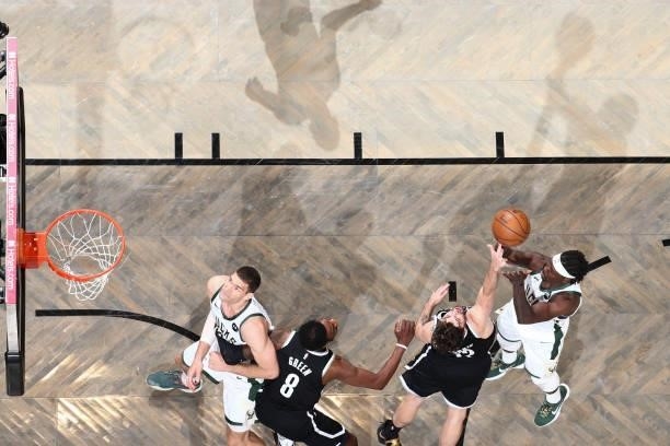 Jrue Holiday of the Milwaukee Bucks shoots the ball during the game against the Brooklyn Nets during Round 2, Game 7 of the 2021 NBA Playoffs on June...