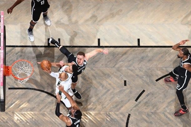 Giannis Antetokounmpo of the Milwaukee Bucks shoots the ball during the game against the Brooklyn Nets during Round 2, Game 7 of the 2021 NBA...