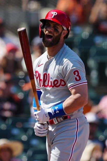 Bryce Harper of the Philadelphia Phillies reacts to a strike out during the game between the Philadelphia Phillies and the San Francisco Giants at...