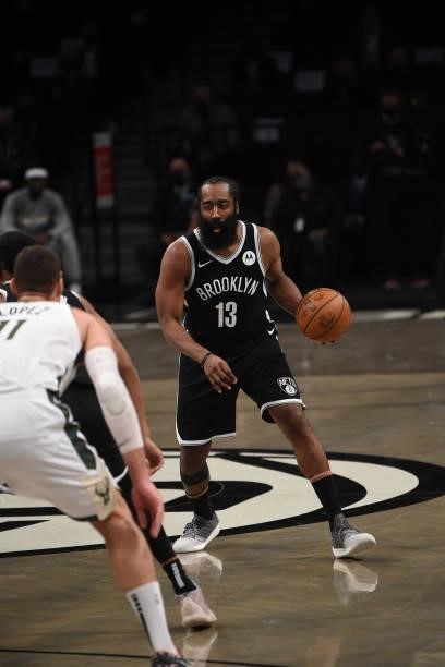James Harden of the Brooklyn Nets handles the ball against the Milwaukee Bucks during Round 2, Game 7 on June 19, 2021 at Barclays Center in...