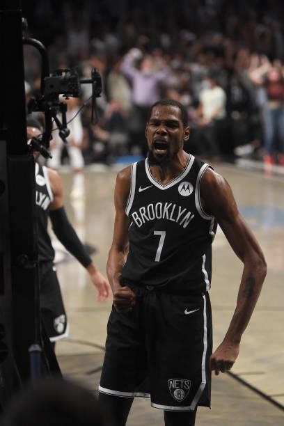 Kevin Durant of the Brooklyn Nets reacts during Round 2, Game 7 on June 19, 2021 at Barclays Center in Brooklyn, New York. NOTE TO USER: User...