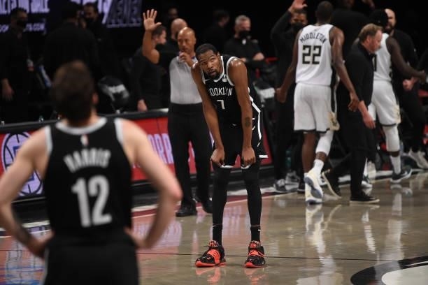 Kevin Durant of the Brooklyn Nets looks on during Round 2, Game 7 on June 19, 2021 at Barclays Center in Brooklyn, New York. NOTE TO USER: User...