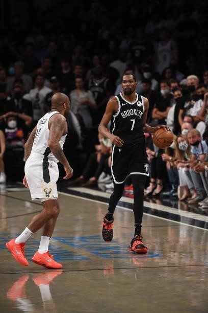 Kevin Durant of the Brooklyn Nets handles the ball against the Milwaukee Bucks during Round 2, Game 7 on June 19, 2021 at Barclays Center in...