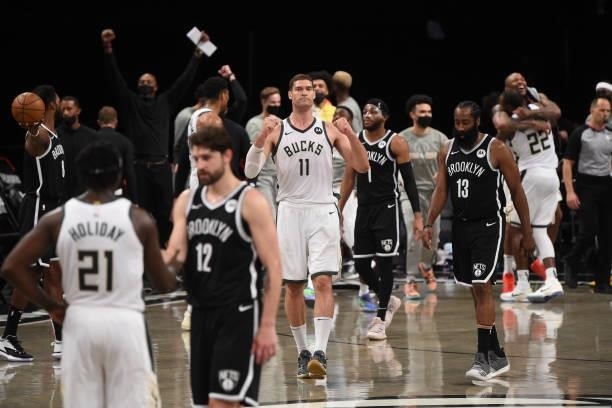 Brook Lopez of the Milwaukee Bucks reacts during Round 2, Game 7 on June 19, 2021 at Barclays Center in Brooklyn, New York. NOTE TO USER: User...