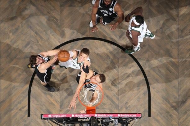 Brook Lopez of the Milwaukee Bucks drives to the basket during the game against the Brooklyn Nets during Round 2, Game 7 of the 2021 NBA Playoffs on...