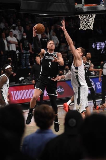 Blake Griffin of the Brooklyn Nets shoots the ball against the Milwaukee Bucks during Round 2, Game 7 on June 19, 2021 at Barclays Center in...