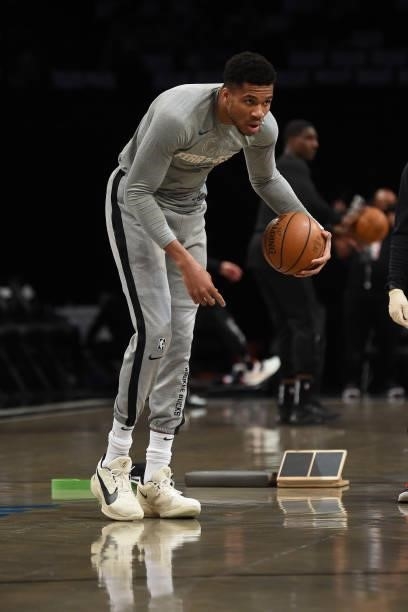 Giannis Antetokounmpo of the Milwaukee Bucks warms up prior to a game against the Brooklyn Nets during Round 2, Game 7 on June 19, 2021 at Barclays...
