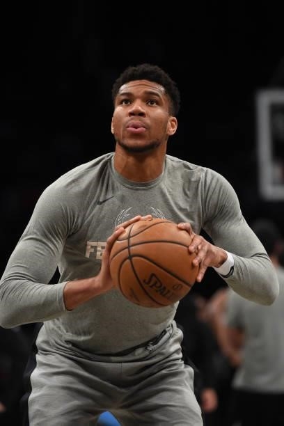 Giannis Antetokounmpo of the Milwaukee Bucks warms up prior to a game against the Brooklyn Nets during Round 2, Game 7 on June 19, 2021 at Barclays...