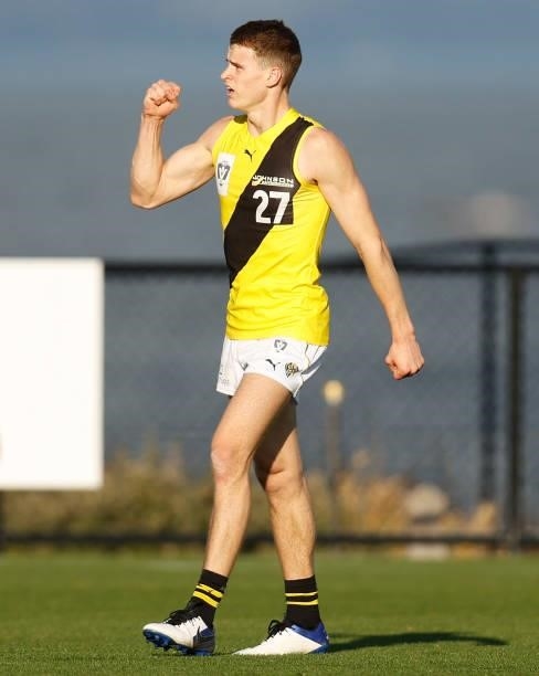 Thomson Dow of the Tigers celebrates a goal during the VFL Round 10 match between the Williamstown Seagulls and the Richmond Tigers at Downer Oval on...