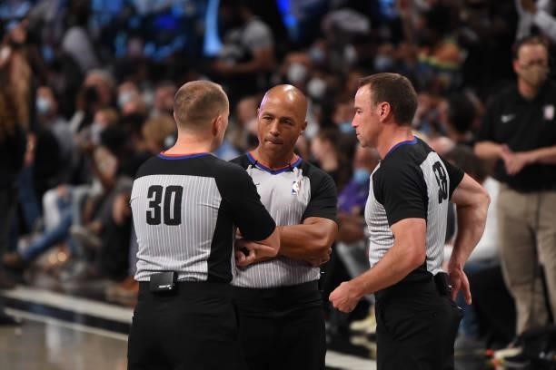 Referee Marc Davis looks on during Round 2, Game 7 on June 19, 2021 at Barclays Center in Brooklyn, New York. NOTE TO USER: User expressly...
