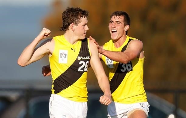 Riley Collier-Dawkins and Will Martyn of the Tigers celebrate during the VFL Round 10 match between the Williamstown Seagulls and the Richmond Tigers...