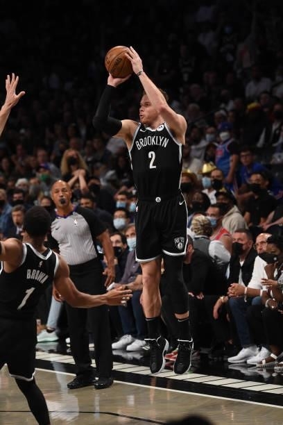Blake Griffin of the Brooklyn Nets shoots a three-pointer against the Milwaukee Bucks during Round 2, Game 7 on June 19, 2021 at Barclays Center in...