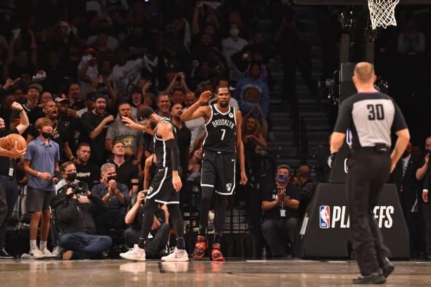 Kevin Durant of the Brooklyn Nets reacts during Round 2, Game 7 on June 19, 2021 at Barclays Center in Brooklyn, New York. NOTE TO USER: User...