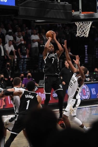 Kevin Durant of the Brooklyn Nets shoots the ball against the Milwaukee Bucks during Round 2, Game 7 on June 19, 2021 at Barclays Center in Brooklyn,...