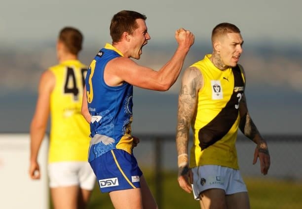Corey Rich of the Seagulls celebrates a goal during the VFL Round 10 match between the Williamstown Seagulls and the Richmond Tigers at Downer Oval...
