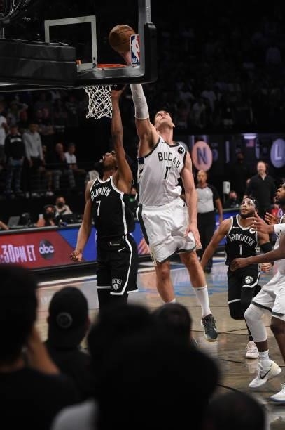 Brook Lopez of the Milwaukee Bucks blocks the shot of Kevin Durant of the Brooklyn Nets during Round 2, Game 7 on June 19, 2021 at Barclays Center in...