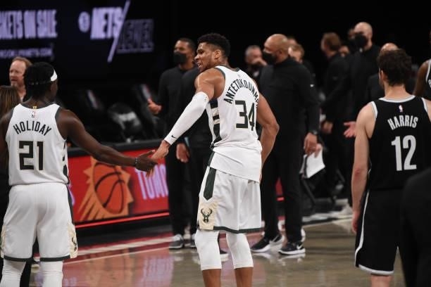 Giannis Antetokounmpo of the Milwaukee Bucks reacts during Round 2, Game 7 on June 19, 2021 at Barclays Center in Brooklyn, New York. NOTE TO USER:...