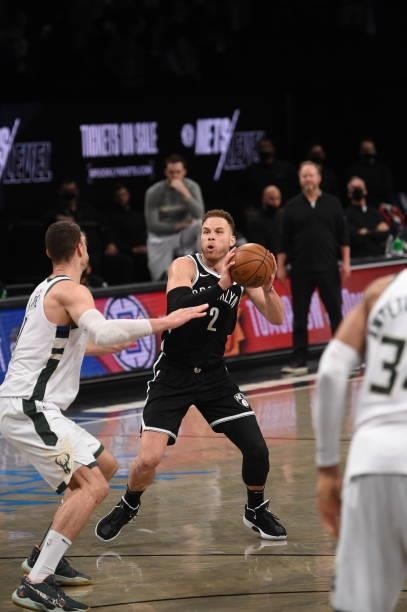 Blake Griffin of the Brooklyn Nets handles the ball against the Milwaukee Bucks during Round 2, Game 7 on June 19, 2021 at Barclays Center in...