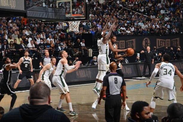Kevin Durant of the Brooklyn Nets passes the ball against the Milwaukee Bucks during Round 2, Game 7 on June 19, 2021 at Barclays Center in Brooklyn,...